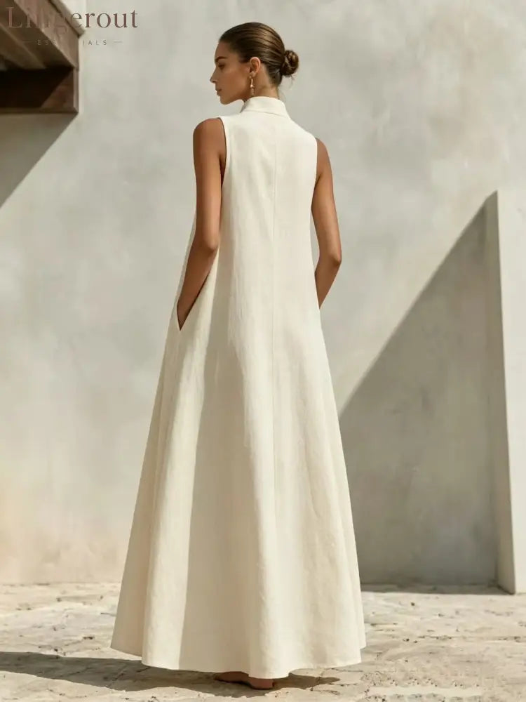 Stand Collar Sleeveless Linen Blend Pocketed Oversized Maxi Dress