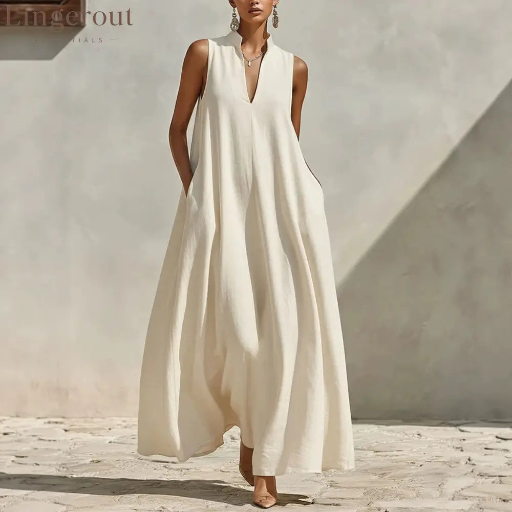 Stand Collar Sleeveless Linen Blend Pocketed Oversized Maxi Dress
