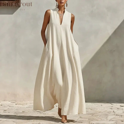 Stand Collar Sleeveless Linen Blend Pocketed Oversized Maxi Dress