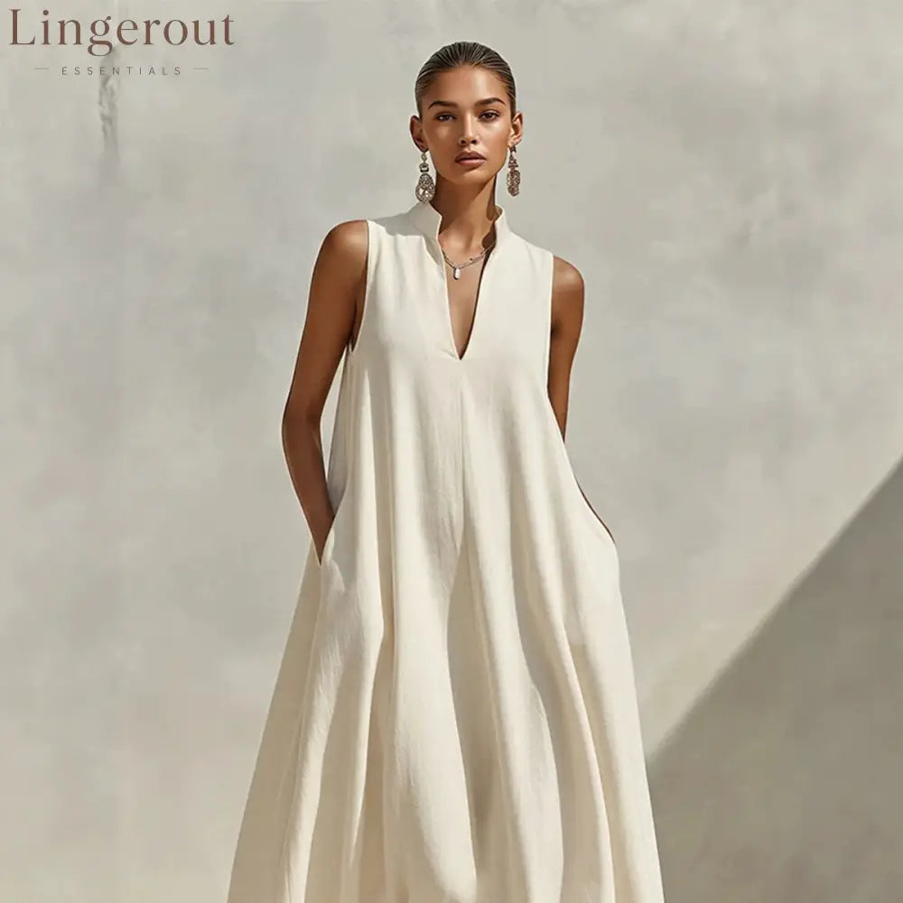 Stand Collar Sleeveless Linen Blend Pocketed Oversized Maxi Dress