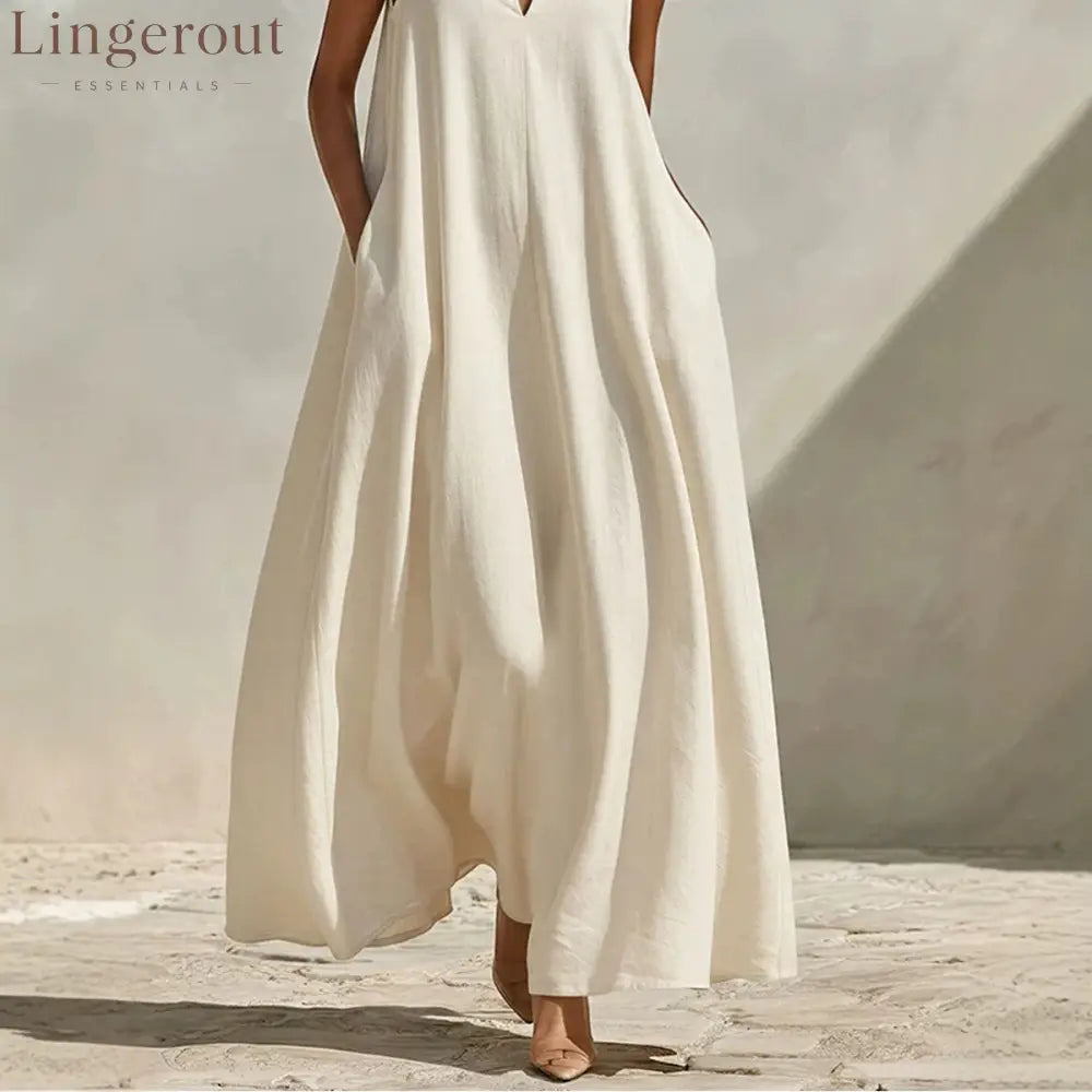 Stand Collar Sleeveless Linen Blend Pocketed Oversized Maxi Dress