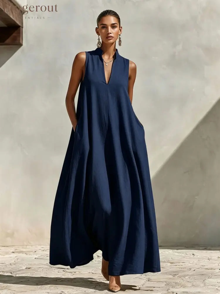 Stand Collar Sleeveless Linen Blend Pocketed Oversized Maxi Dress - Navy blue / S