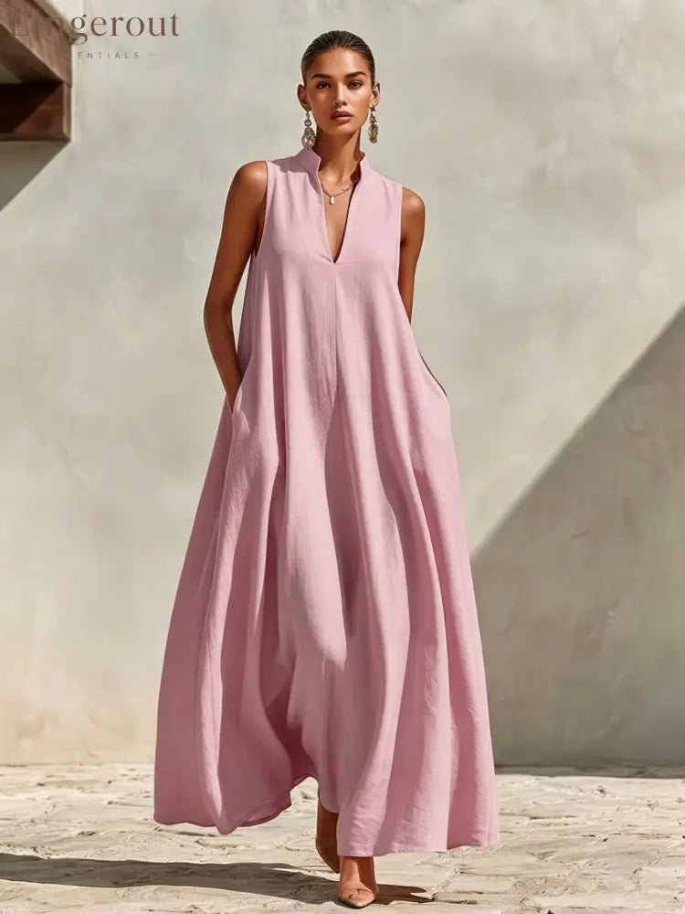 Stand Collar Sleeveless Linen Blend Pocketed Oversized Maxi Dress - Pink / S