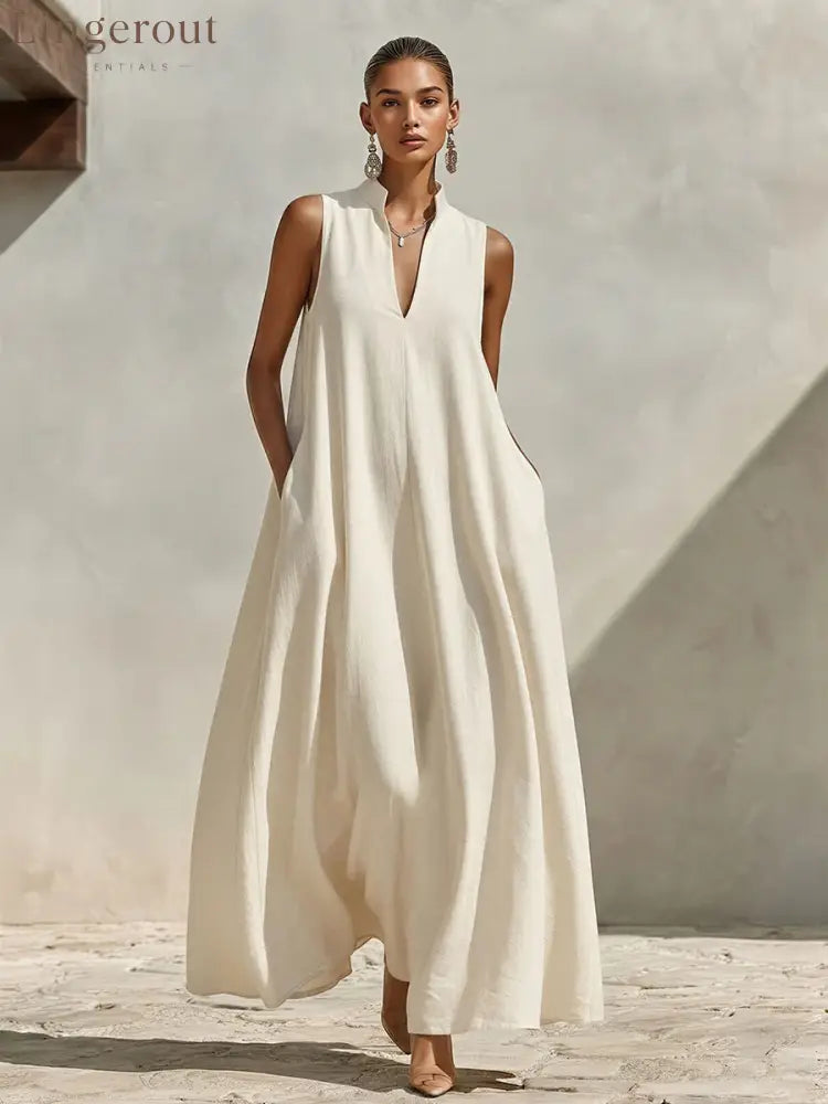 Stand Collar Sleeveless Linen Blend Pocketed Oversized Maxi Dress - White / S
