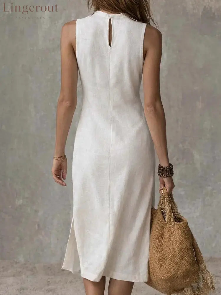 Stand-collar Split-hem Cotton And Linen Midi Dress - Dresses