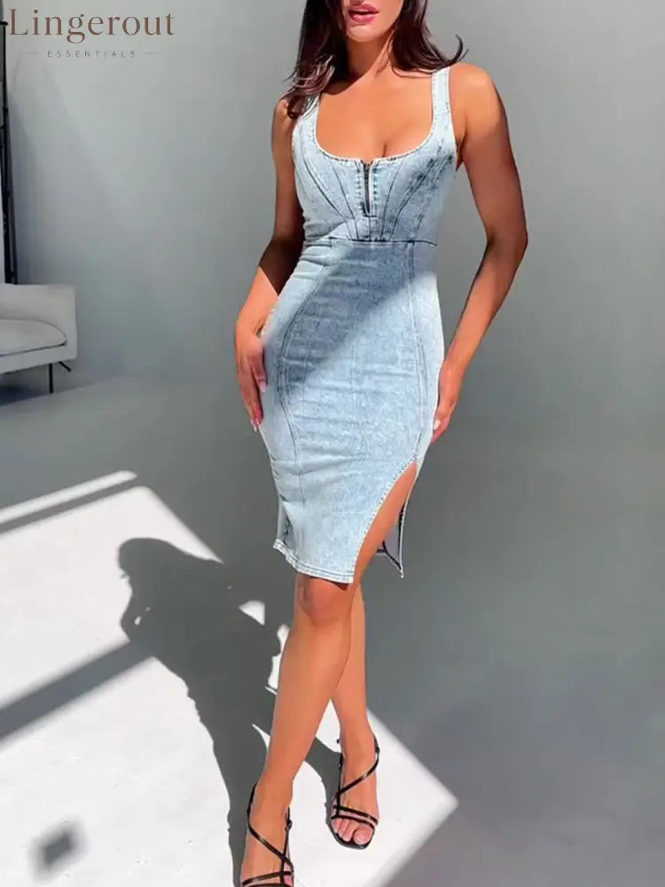 Stretch Sleeveless Denim Dress With Slit