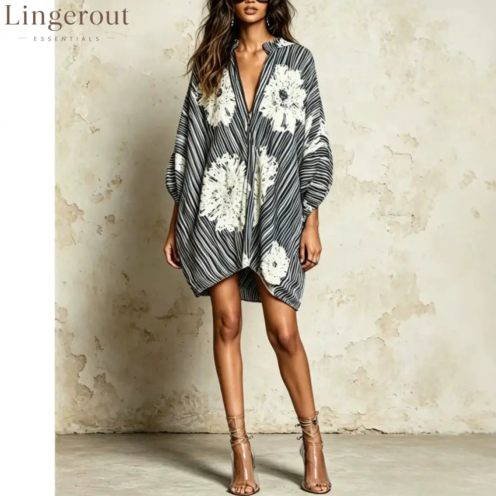 Stripe Floral Oversized Tunic Mini Dress