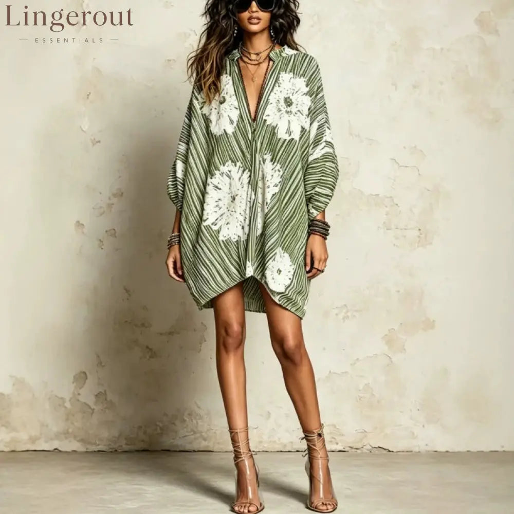 Stripe Floral Oversized Tunic Mini Dress