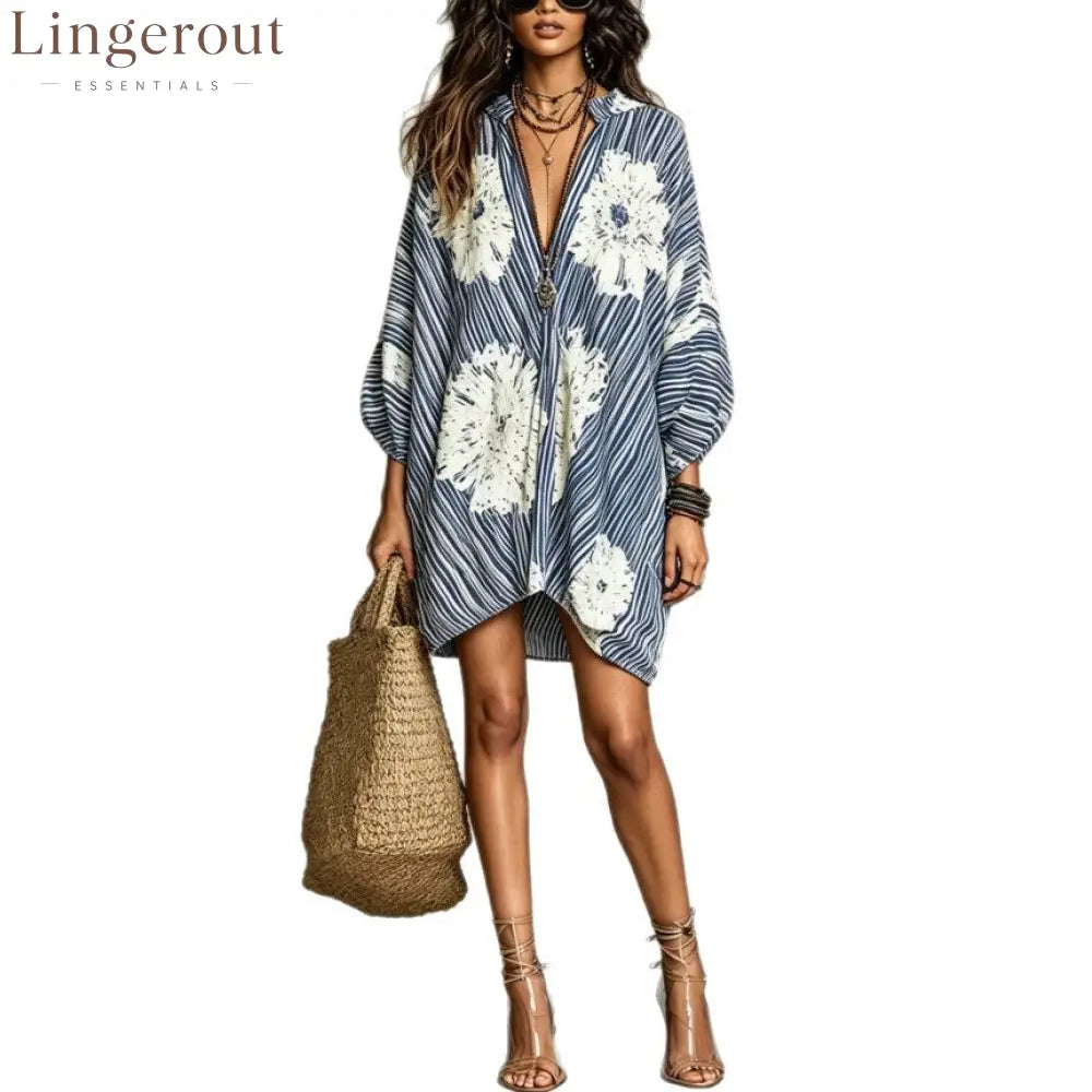Stripe Floral Oversized Tunic Mini Dress
