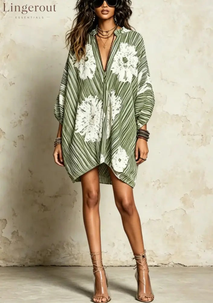 Stripe Floral Oversized Tunic Mini Dress - Green / S