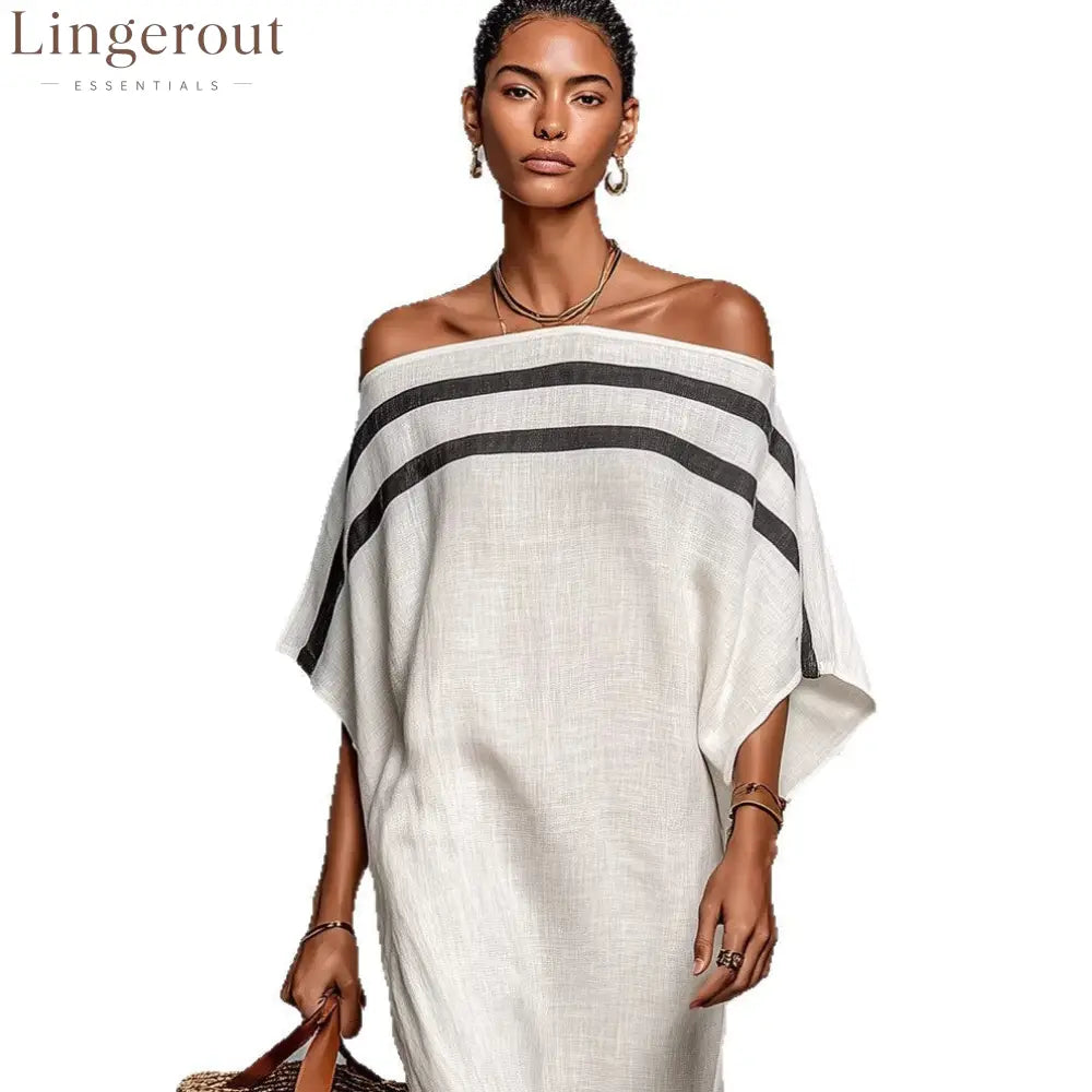 Stripe Off Shoulder Batwing Linen Maxi Kaftan Dress