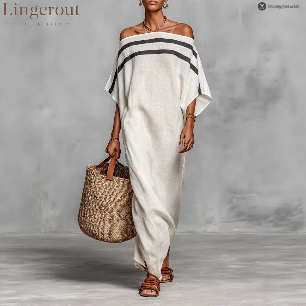 Stripe Off Shoulder Batwing Linen Maxi Kaftan Dress
