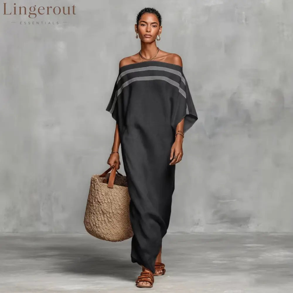 Stripe Off Shoulder Batwing Linen Maxi Kaftan Dress