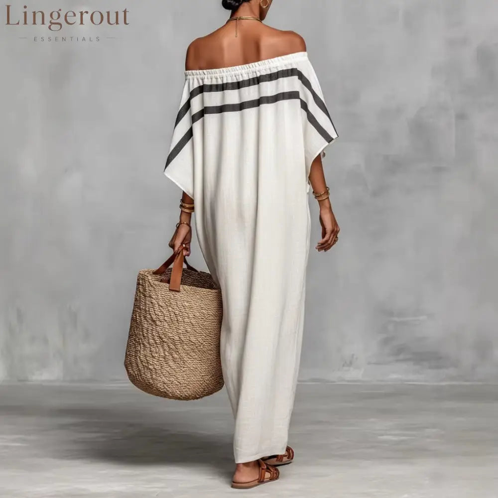 Stripe Off Shoulder Batwing Linen Maxi Kaftan Dress