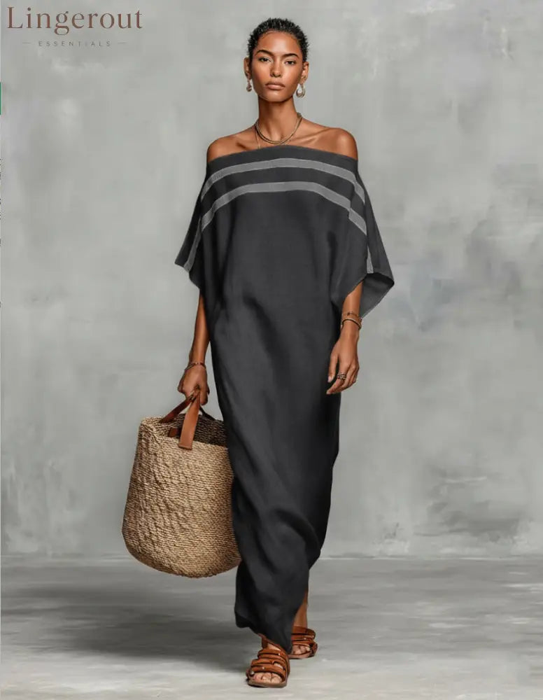 Stripe Off Shoulder Batwing Linen Maxi Kaftan Dress - Black gray / S