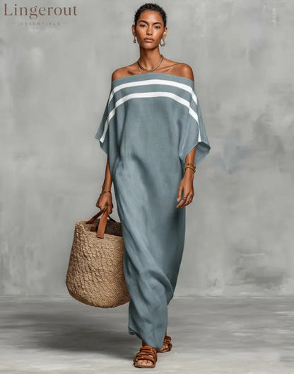 Stripe Off Shoulder Batwing Linen Maxi Kaftan Dress - Light blue / S
