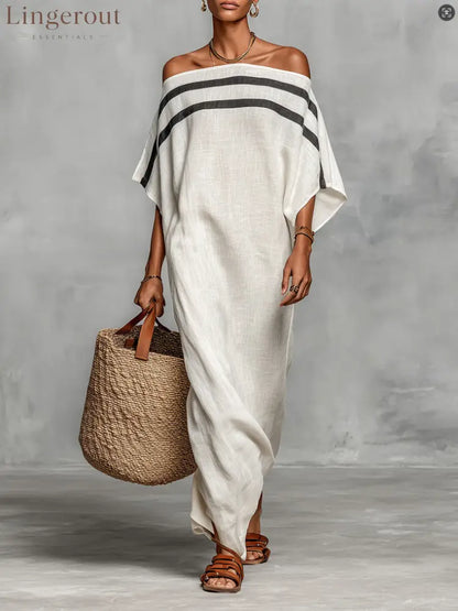 Stripe Off Shoulder Batwing Linen Maxi Kaftan Dress - White / S