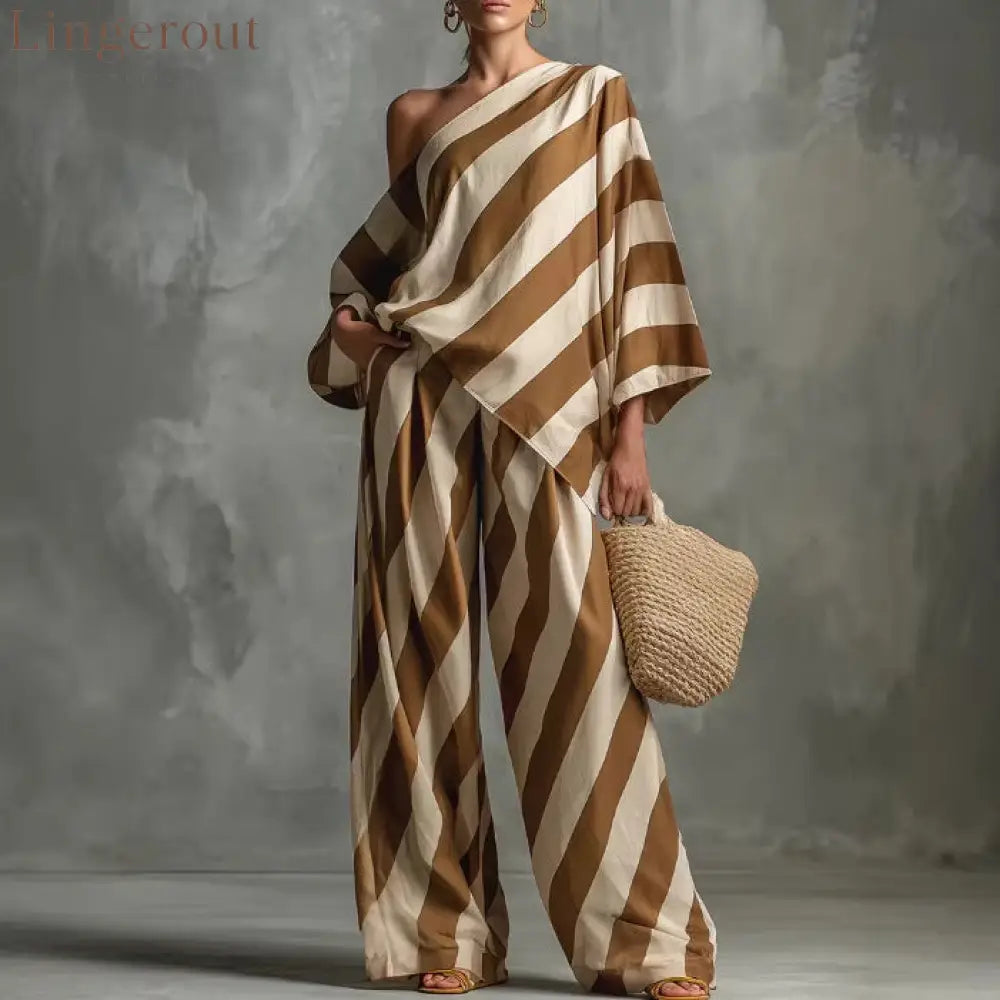 Striped Asymmetric Top & Wide-Leg Pants Set