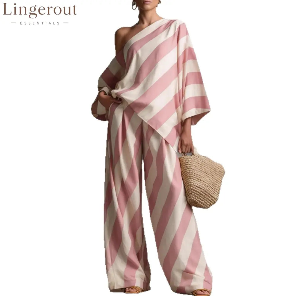 Striped Asymmetric Top & Wide-Leg Pants Set