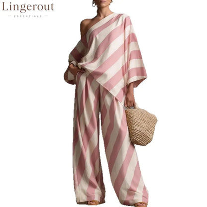 Striped Asymmetric Top & Wide-Leg Pants Set