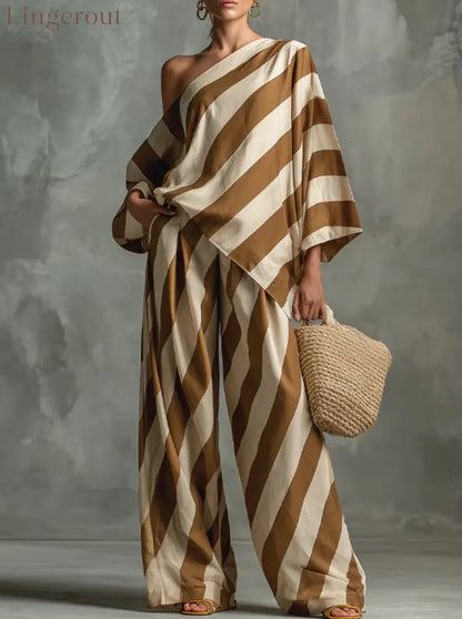 Striped Asymmetric Top & Wide-Leg Pants Set - Camel / S