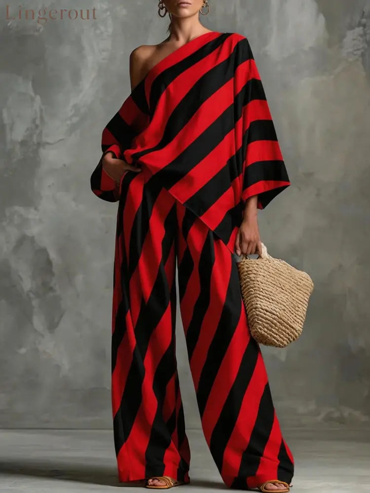 Striped Asymmetric Top & Wide-Leg Pants Set - Red / S