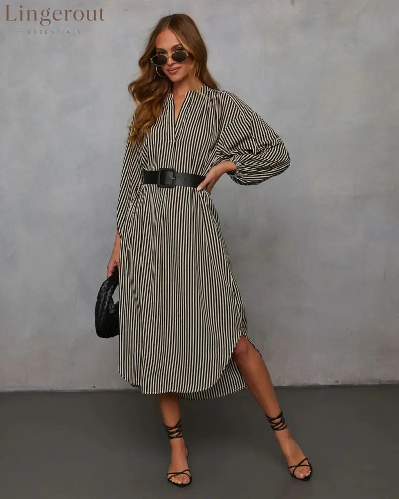 Striped Belted Midi Dress - Black / S
