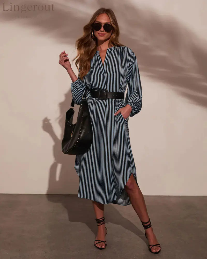 Striped Belted Midi Dress - Blue / S