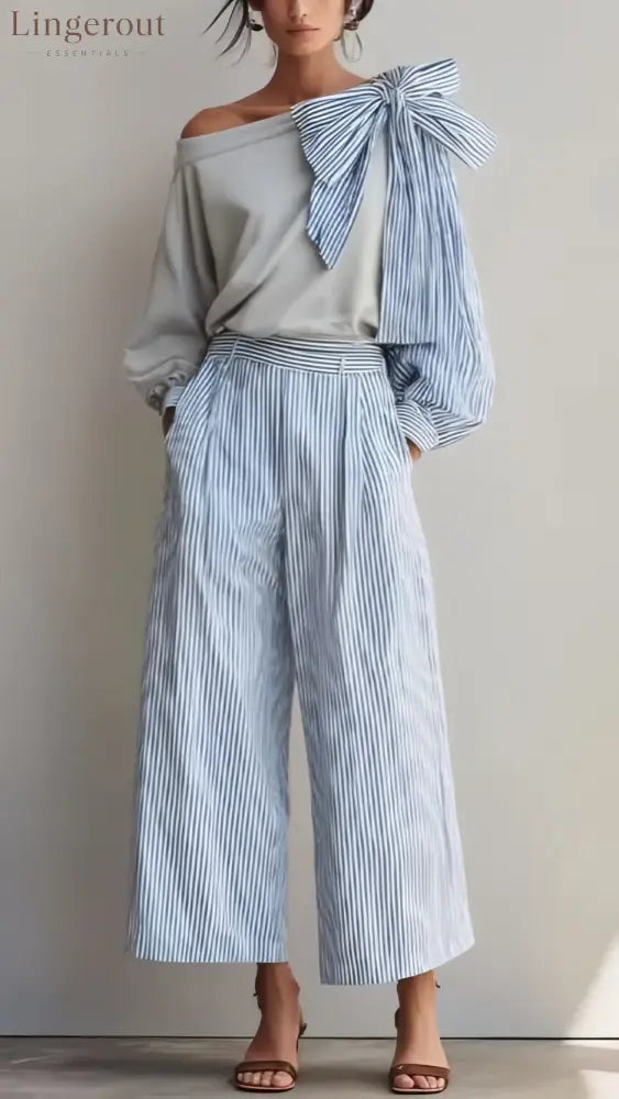 Striped Casual Elegant Straight Pants Women’S Suit - Light gray / S