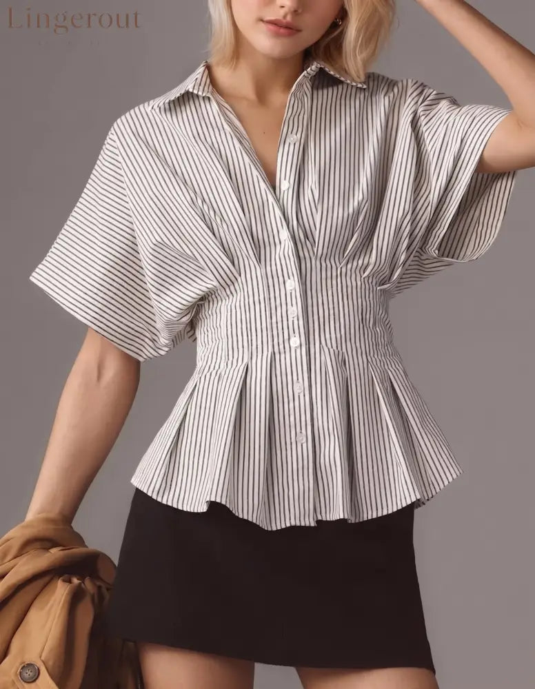 Striped Collared Flutter Sleeve Cinched Waist Peplum Shirt
