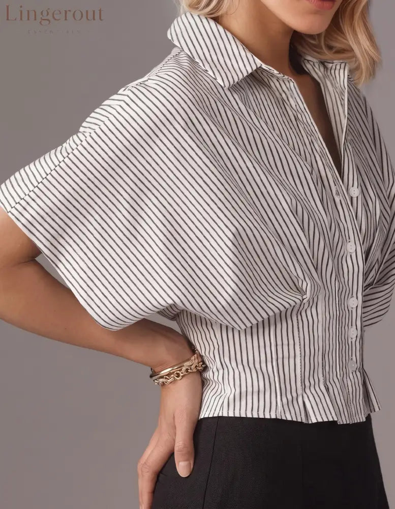 Striped Collared Flutter Sleeve Cinched Waist Peplum Shirt
