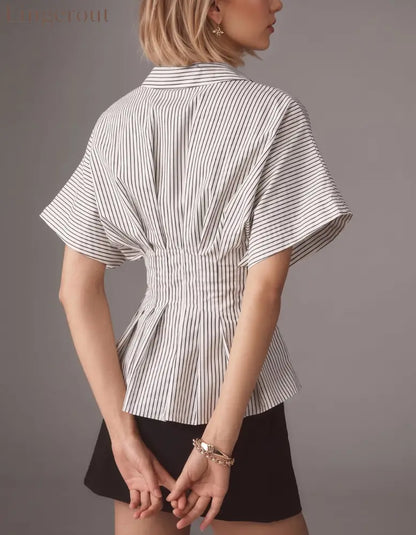 Striped Collared Flutter Sleeve Cinched Waist Peplum Shirt