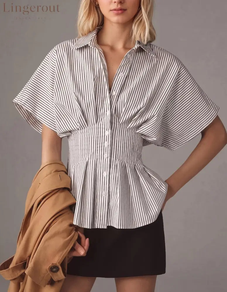 Striped Collared Flutter Sleeve Cinched Waist Peplum Shirt - stripe / S