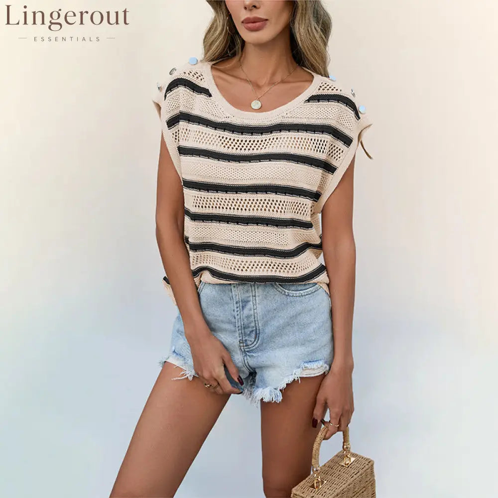 Striped Hollow Knit Cap Sleeve Top