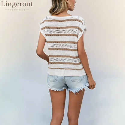 Striped Hollow Knit Cap Sleeve Top