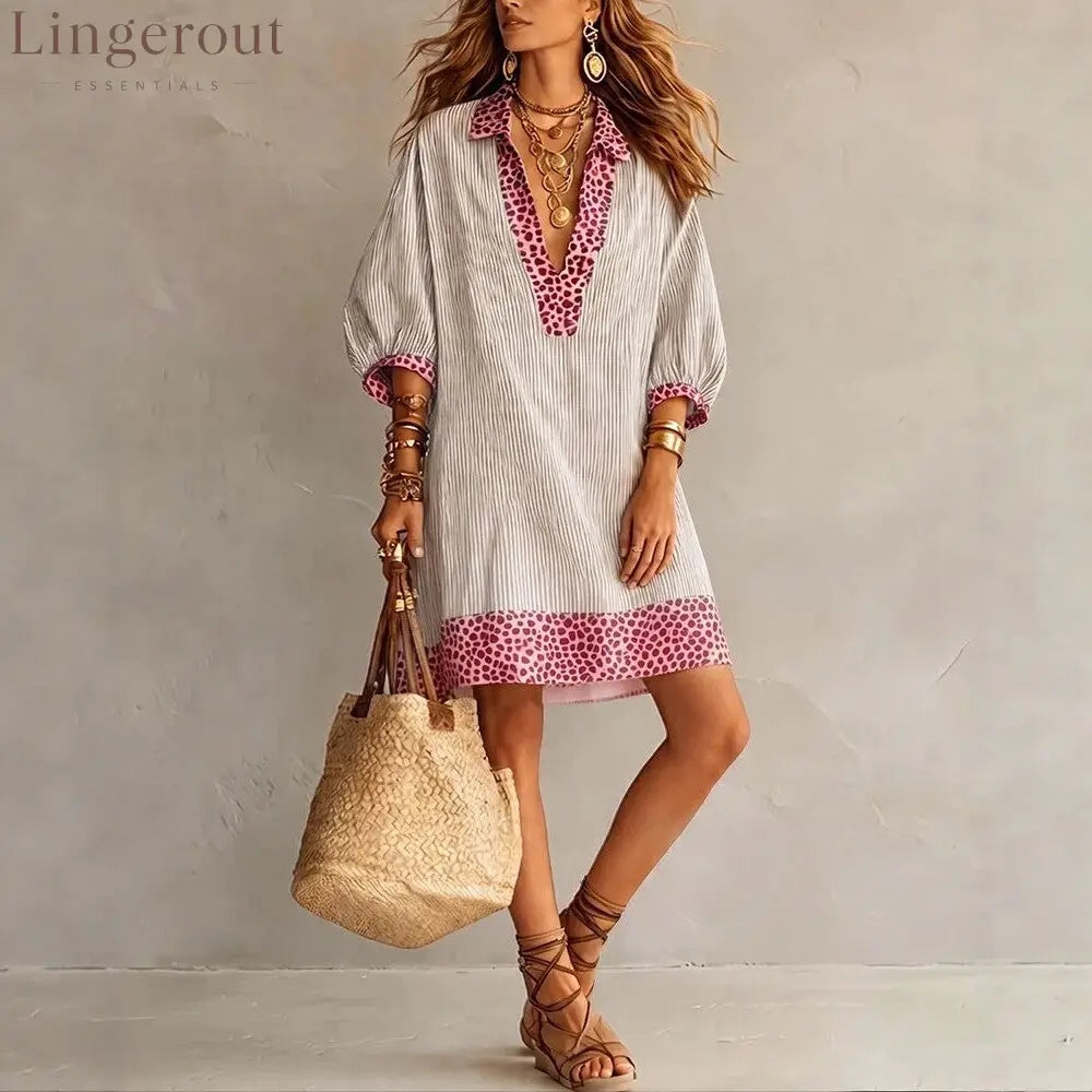 Striped Leopard Trim Loose Shirt Mini Dress