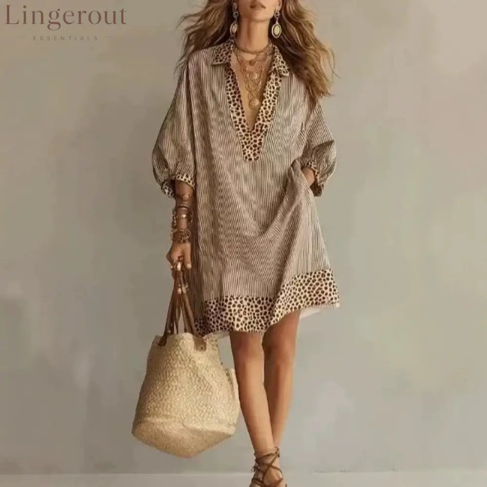Striped Leopard Trim Loose Shirt Mini Dress - Camel / S