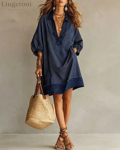 Striped Leopard Trim Loose Shirt Mini Dress - Dark blue / S
