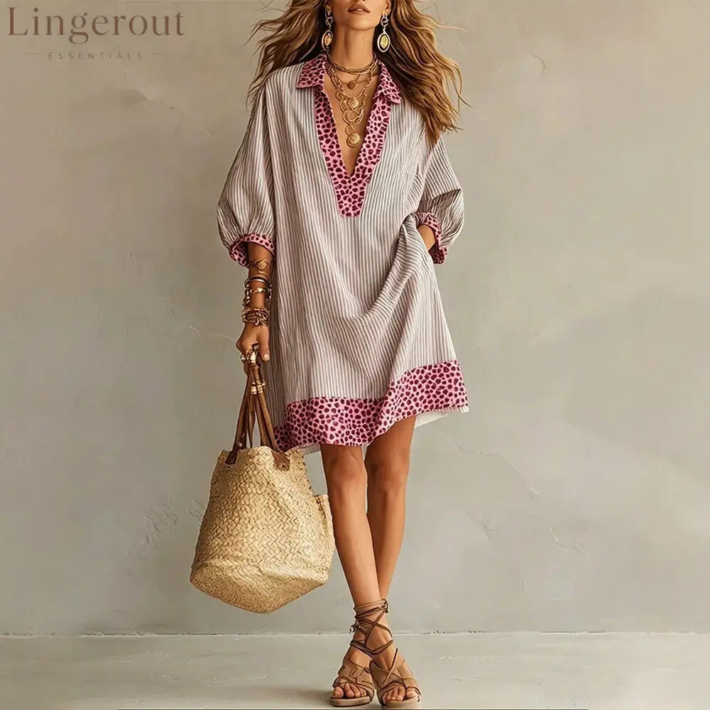 Striped Leopard Trim Loose Shirt Mini Dress - Pink / S