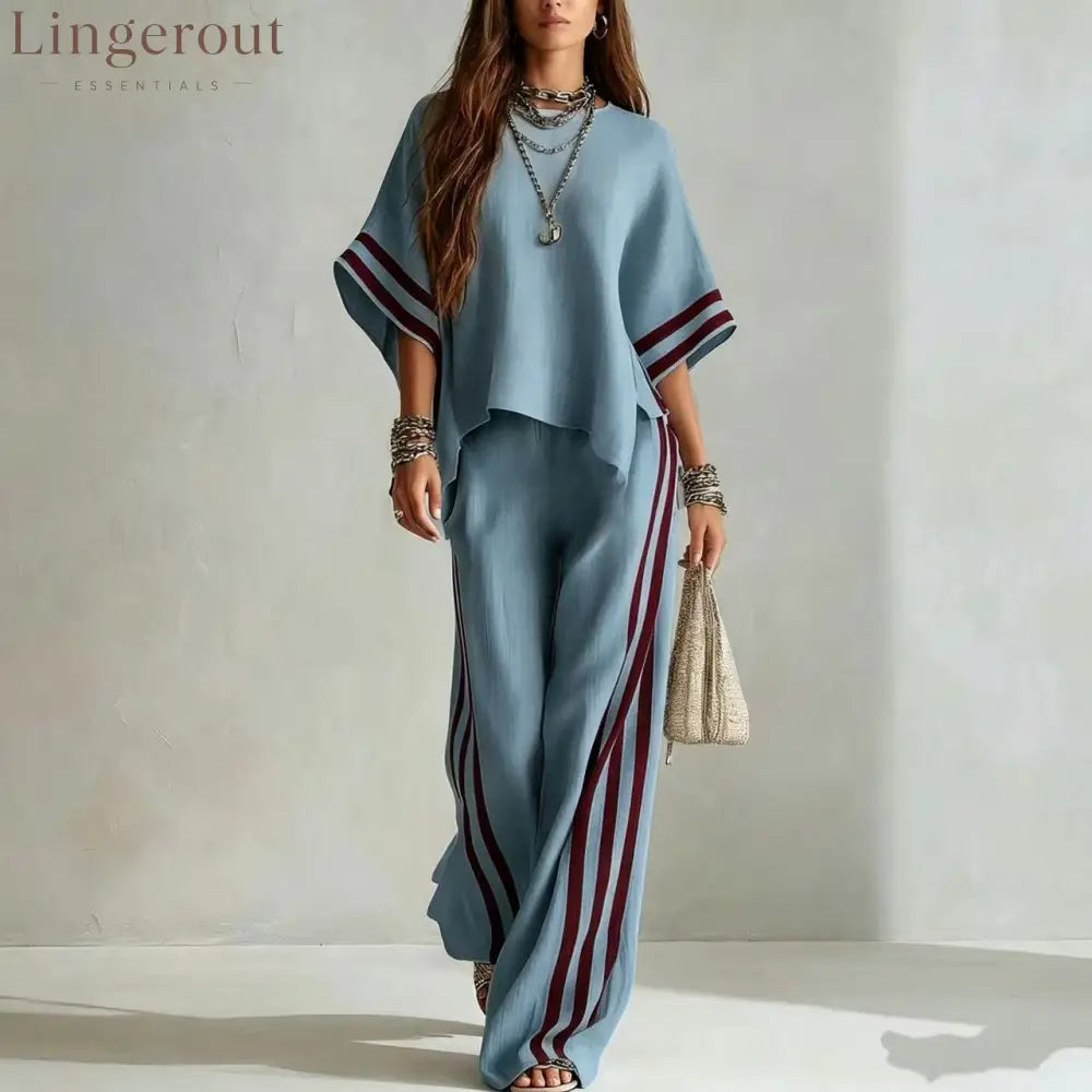 Striped Linen-Blend Two-Piece Set - Peacock blue / S