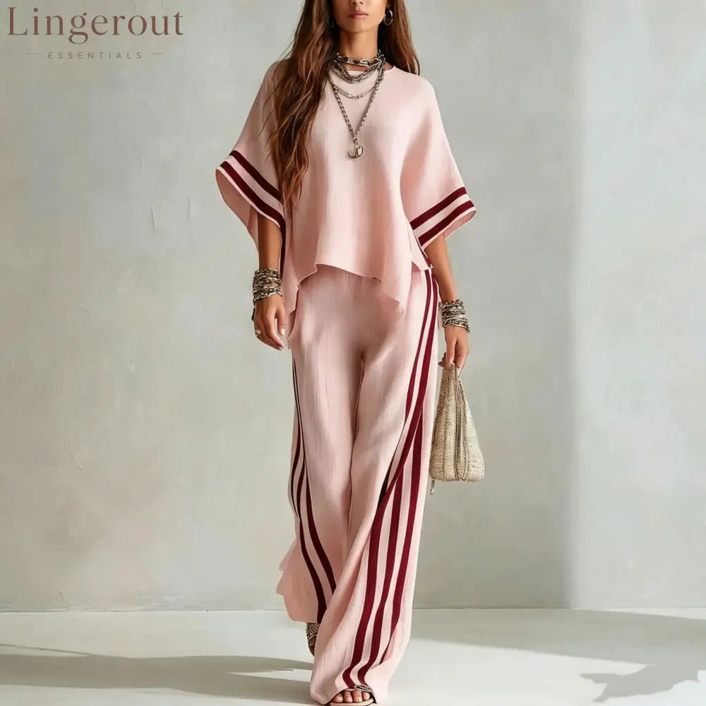 Striped Linen-Blend Two-Piece Set - Pink / S