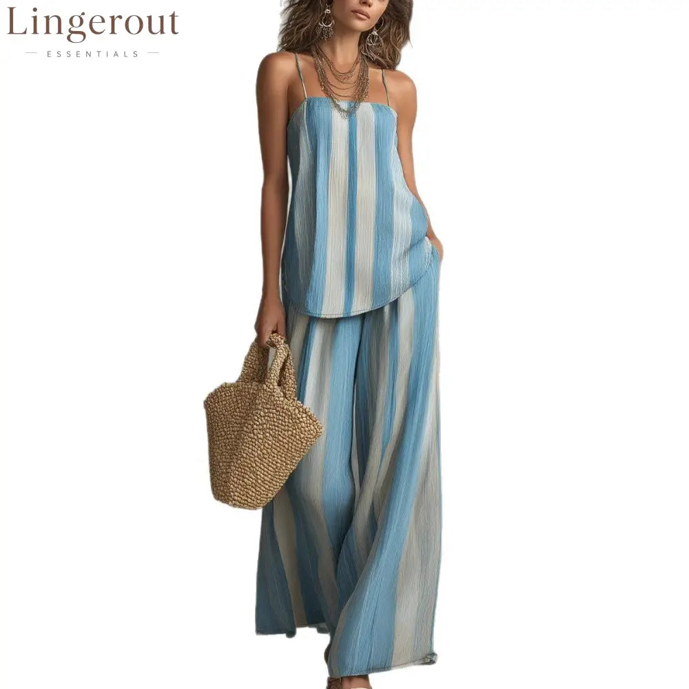 2026 Summer Cross-Border European And American Striped Texture Suspenders Wide-Leg Pants Two-Piece Set Vacation Style