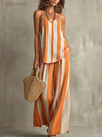2026 Summer Cross-Border European And American Striped Texture Suspenders Wide-Leg Pants Two-Piece Set Vacation Style