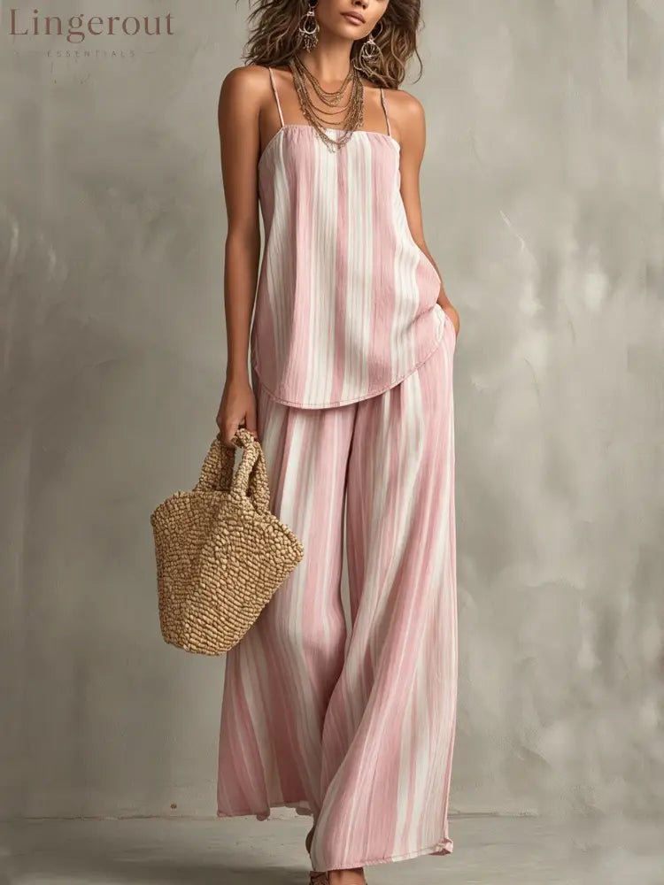 2026 Summer Cross-Border European And American Striped Texture Suspenders Wide-Leg Pants Two-Piece Set Vacation Style