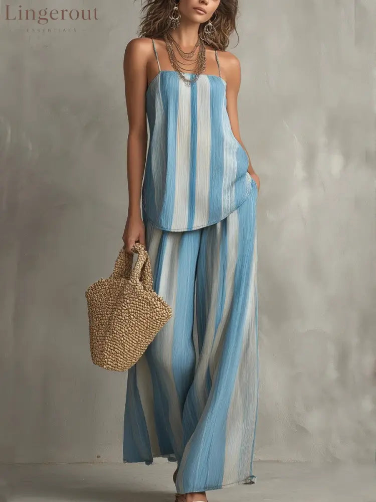 2026 Summer Cross-Border European And American Striped Texture Suspenders Wide-Leg Pants Two-Piece Set Vacation Style