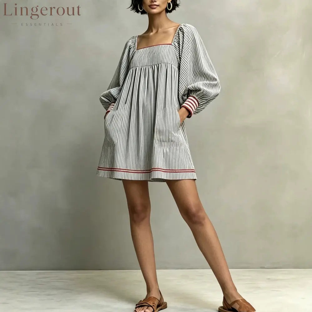 Striped Square Neck Balloon Sleeve Mini Dress