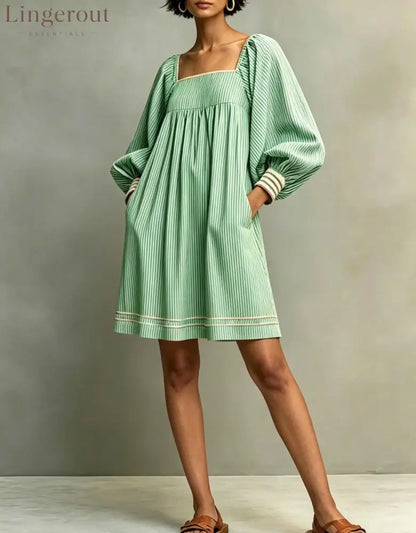 Striped Square Neck Balloon Sleeve Mini Dress - Light green / S