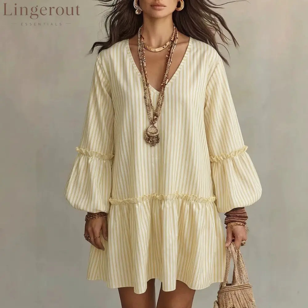 Striped V-Neck Ruffle Hem Mini Dress