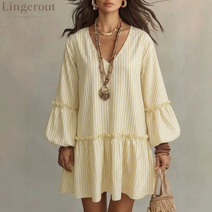 Striped V-Neck Ruffle Hem Mini Dress