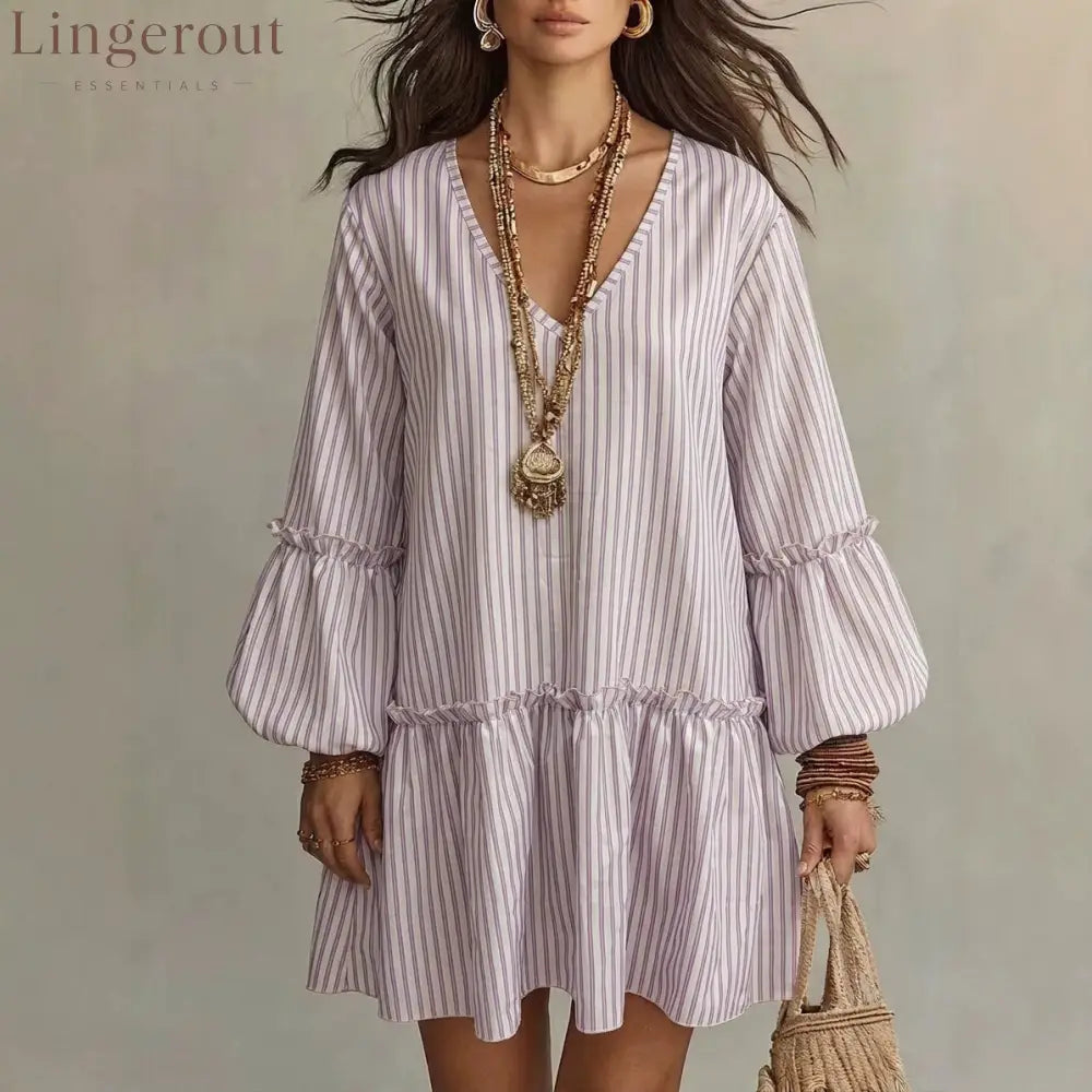 Striped V-Neck Ruffle Hem Mini Dress